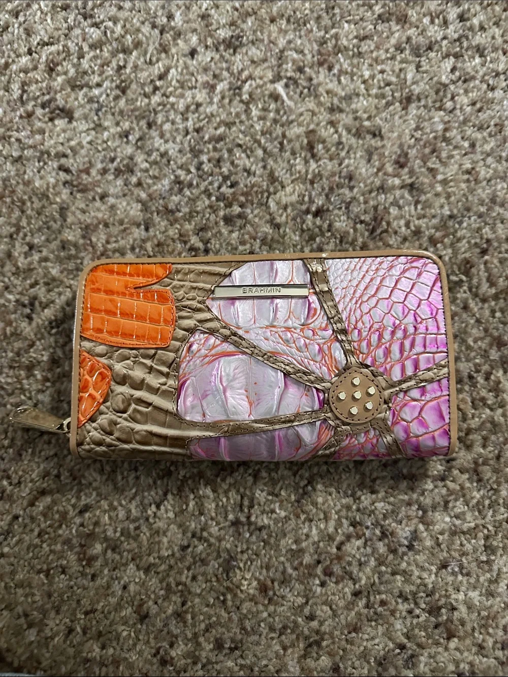 Brahmin Multicolor Iridescent Croc-Embossed Zip Wallet - Pink, Orange & Tan - Picture 1 of 3